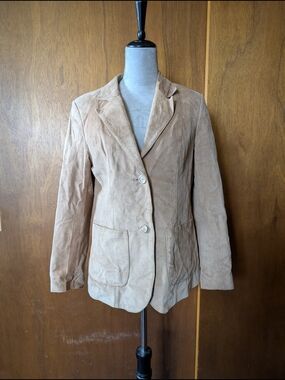 Beige Suede Blazer Jacket - Women's Tailored Two-Button Coat